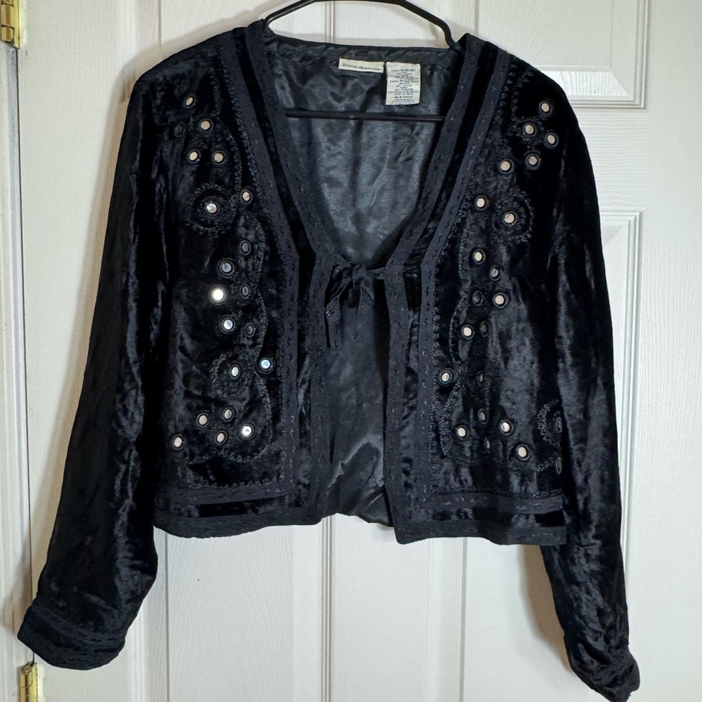 White Stag Y2K Black Velvet Boho Jacket Embroidered with Mirror Accents, Size M‎